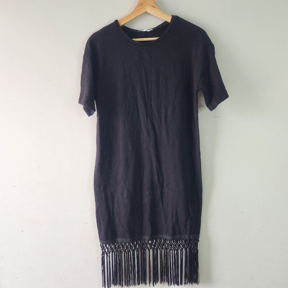 Zara Black Dress Tassel Fringe Hem Small